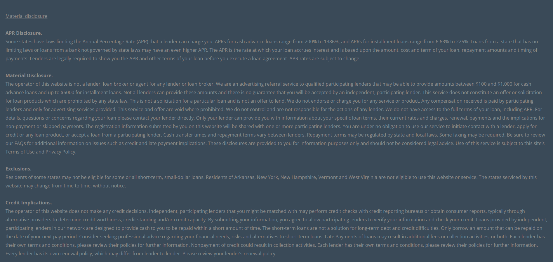 Material disclosure for payday loans in Albuquerque New Mexico